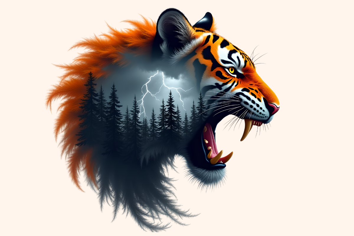 Tiger Head with Lightning Forest Art
