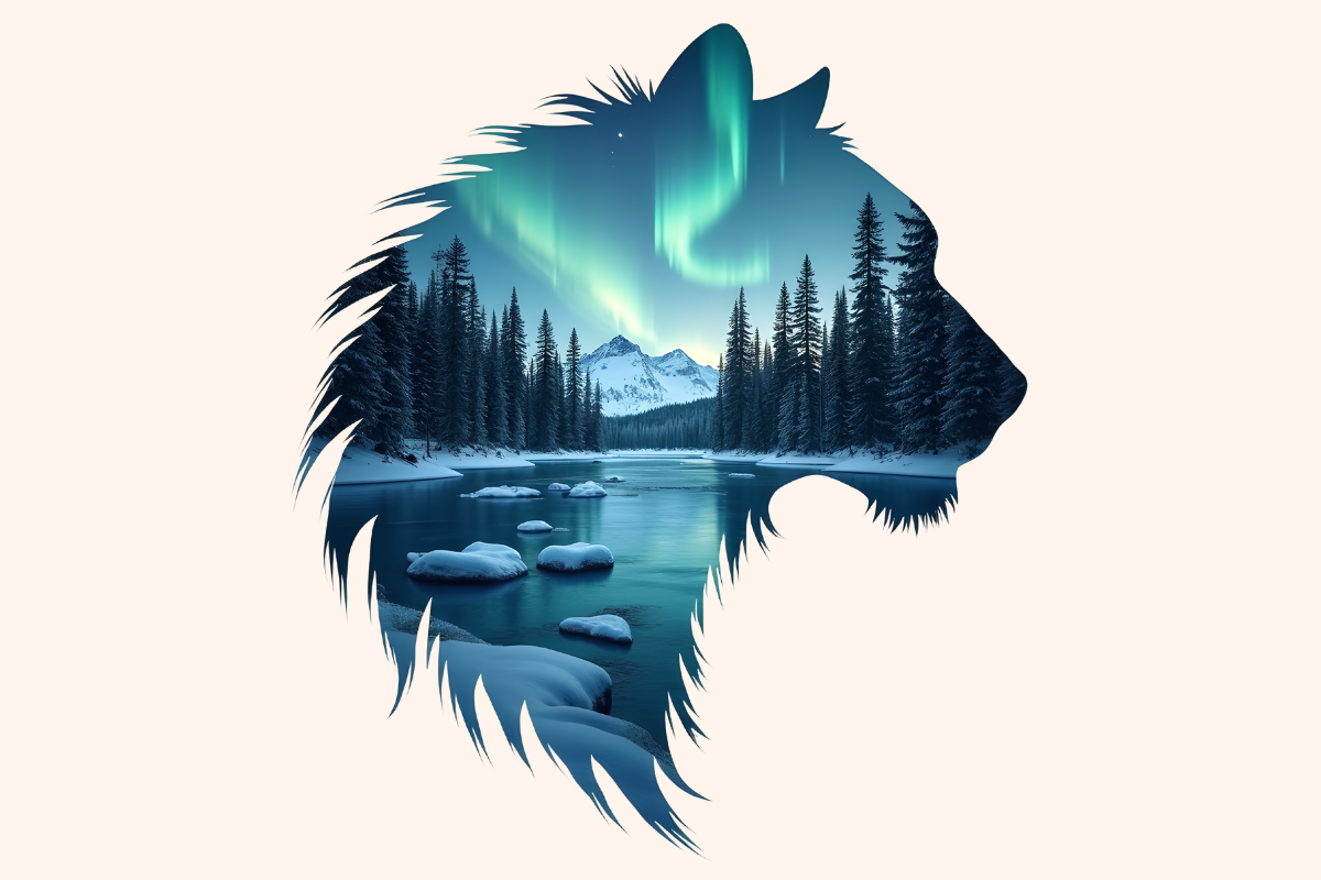 Tiger Head with Northern Lights Landscape