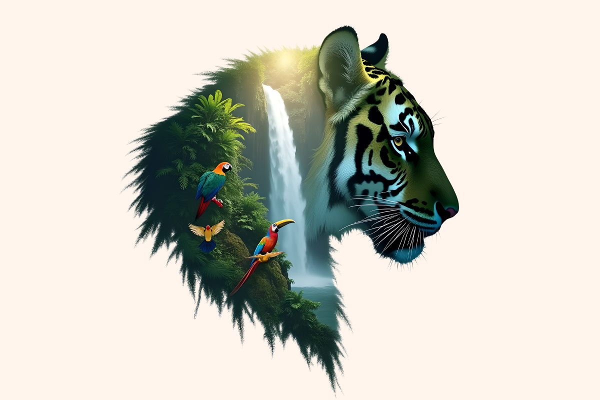 Tiger Head with Forest Waterfall and Birds